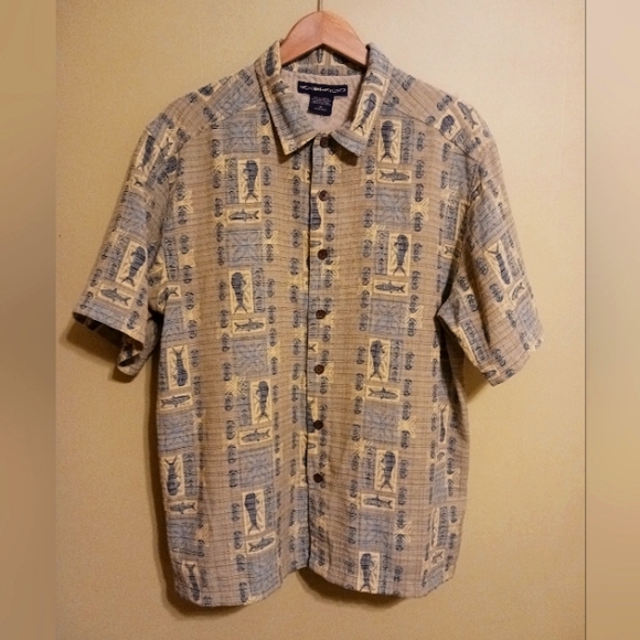 Exofficio Men's Medium Tan Blue Hawaiian Fishing S/S Button Down Vented Shirt - Picture 1 of 11